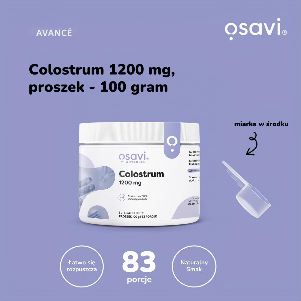 Osavi Colostrum 1200 mg - 100 g de poudre | Colostrum bovin riche en immunoglobulines G pour le soutien du système immunitaire | Renforce les défenses naturelles et améliore l'immunité