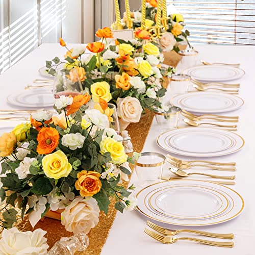 I00000 150Pcs Gold Plastic Plates, Disposable Gold Dinnerware Set Include 25 Gold Dinner Plates,25 Gold Dessert Plates,25 Gold Forks,25 Knives,25 Spoons,25 Cups,White Plastic Gold Rim Plates For Party #TOP4