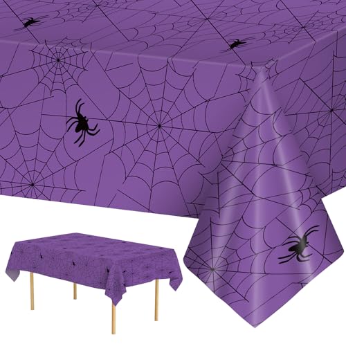 2 Pcs Halloween Tablecloth - Plastic Halloweens Spider Webs Table Cloth Purple Disposable Rectangle Spiderweb Table Cover for Halloween Party Decorations Supplies Favors Tables Decor 108 x 54 Inch