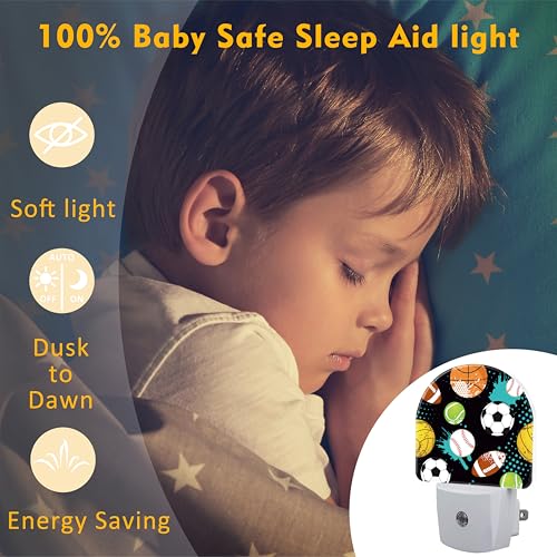 Image of Cartoon Sports Balls Night Light for Kids,Various Balls Plug in Night Light with Dusk to Dawn Sensor, 0.5w Energy Saving Nightlight for Hallway Stairway Kitchen Bedroom