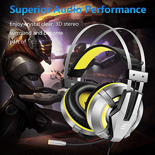 Gaming headset, hoofdgemonteerde gaming headset, met led-lampje & ruis annuleren microfoon, telescopische microfoon, 360 ° surround geluid, voor Xbox, PS4, pc,Yellow - Afbeelding 7