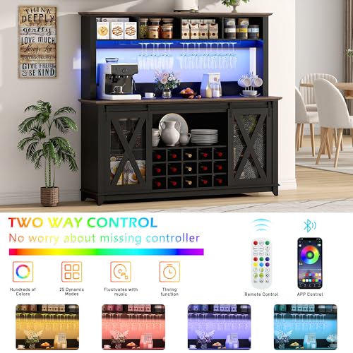 Image of 63 inchWide 58 inchH Farmhouse Coffee Bar Cabinet with Power Outlet and LED Light,Wine Bar Cabinet w / 4 Storage Hutch,Kitchen Buffet Cabinet with 15 Wine and Glass Racks for Kitchen Dining Room(Black)
