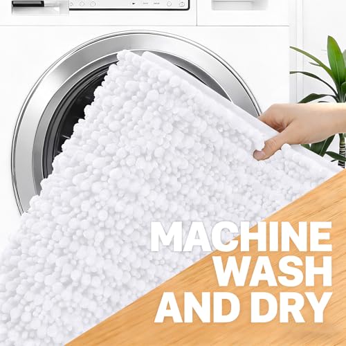 Image of OLANLY Long Bathroom Rugs Runner 47x24, Thick Soft and Absorbent Chenille Bath Mat, Non-Slip, Machine Washable Quick Dry Bath Rugs for Tub Shower Floor, Home Decor Accessories, White