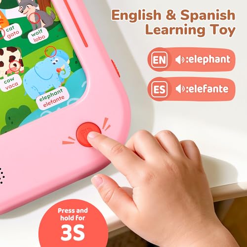 Image of JoyCat Bilingual Kids Learning Tablet, English & Spanish Talking Flash Cards with 106 Pages, 20 Interactive Games, Montessori Learning Toy for Alphabet, Words, Numbers & Songs, Gift for Toddlers 2-6