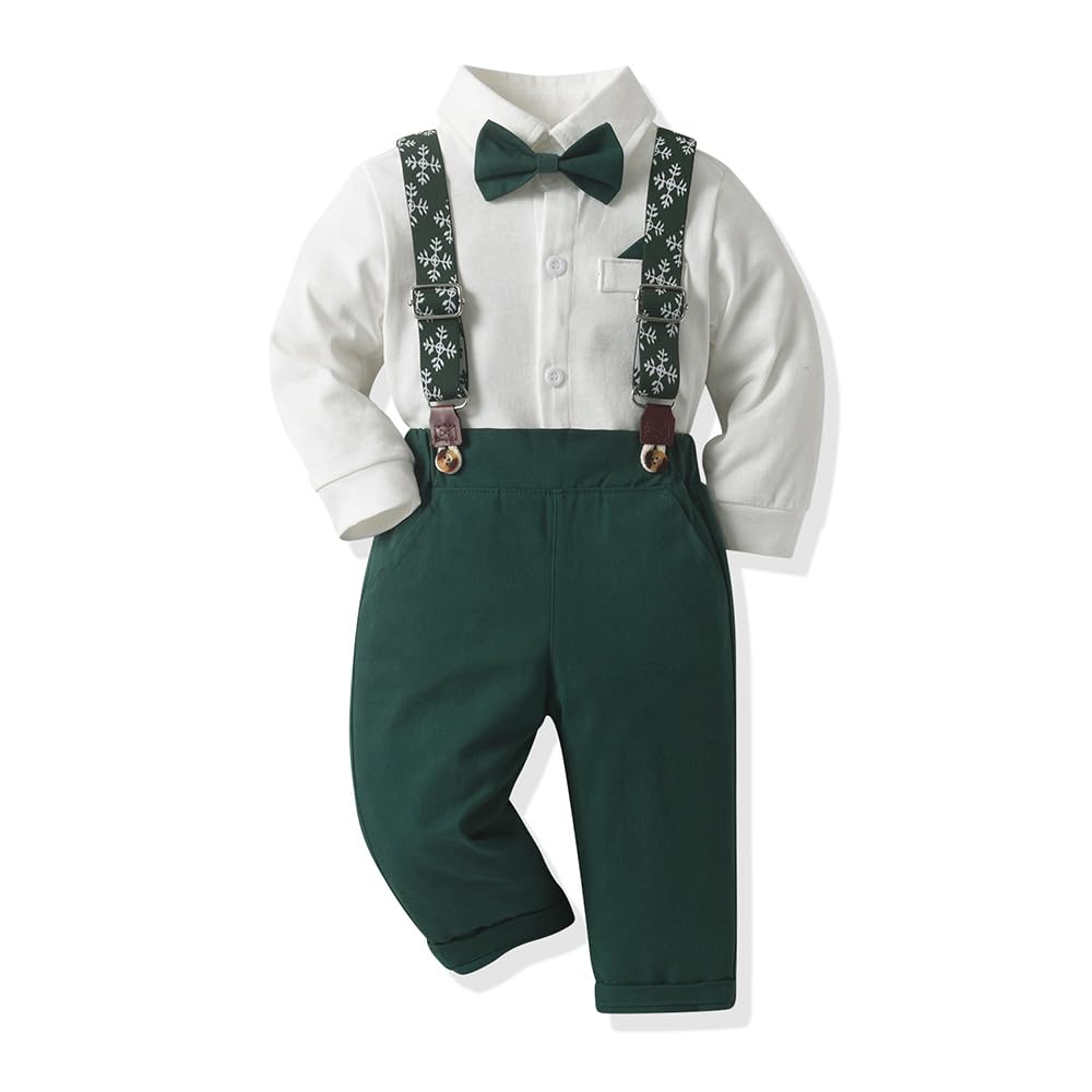 Ensemble Bébé Garçon Chemise de Noël Costume de Gentleman Vêtements Enfants Chemise à Manches Longues et Pantalon à Bretelles Nœud Papillon