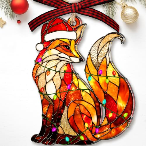 Fox Ornament - Fox Ornaments for Christmas Tree - Forest Animal Christmas Ornaments - Fox Gifts for Women - 2 Side Faux Stained Glass Hanging Decoration for Christmas Tree