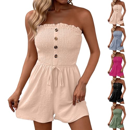 ATALRPOU Apricot Summer Sexy Romper for Women Casual Stretchy Smocked Tube Top Overalls Strapless Palazzo Shorts Jumpsuit Summer Vacation Outfits for Women Enterizos para Mujer Casuales