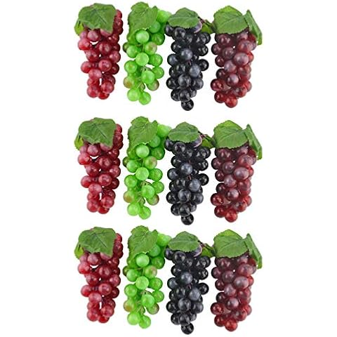 JEDFORE 6.3 Inches Artificial Grapes Cluster Rubber Frosted Grape Bundles Decorative Grapes Bunches for Vintage Wedding Favor Fruit Wine Decor Faux Fruit Props (Black, Red, Green, Purple - 12 Pack) Cover