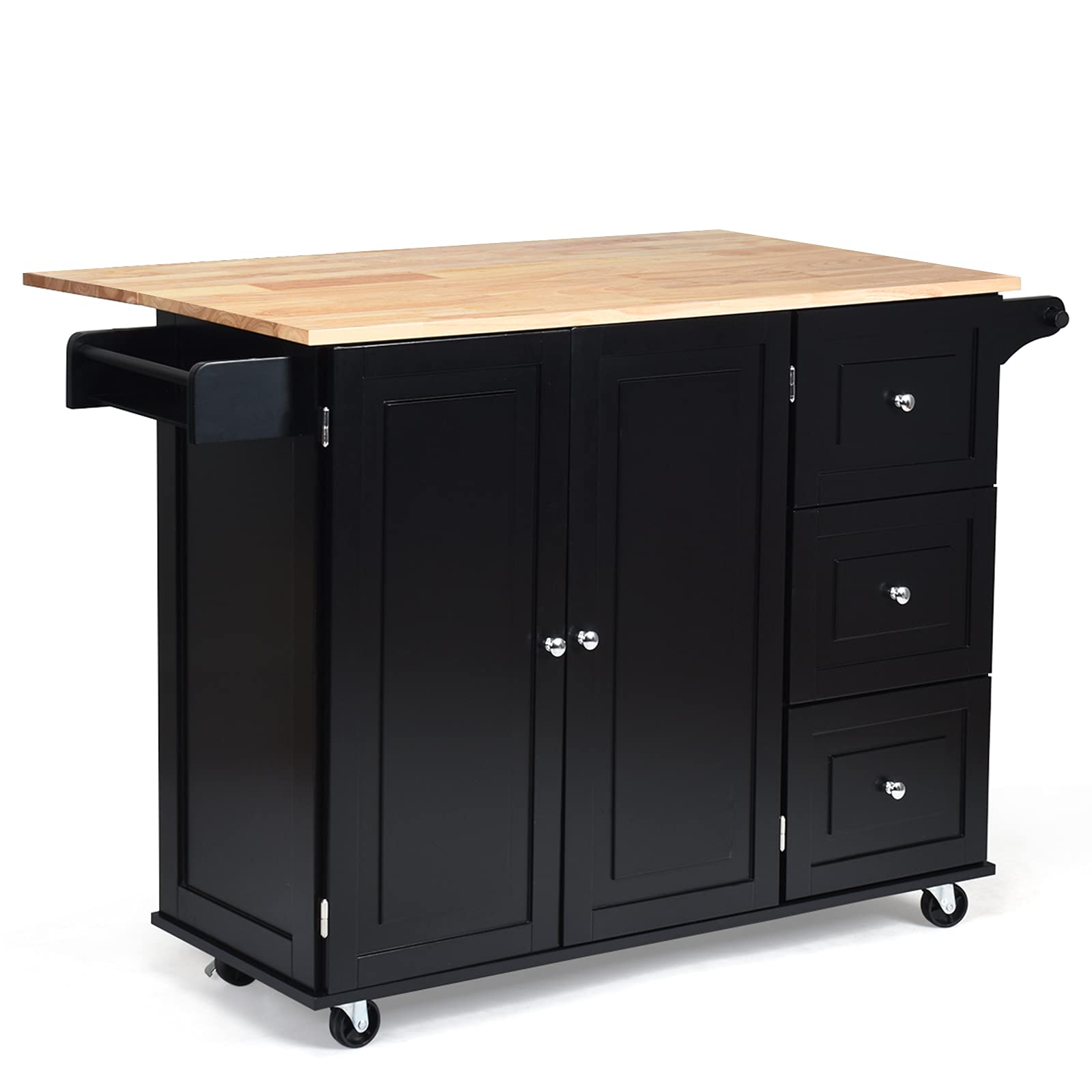 GOPLUS Keukenwagen met keukeneiland op wieltjes, werkblad van rubberhout, 2 laden, 2 handdoekhouders, 2 kasten en verstelbare planken, voor keuken en eetkamer (wit