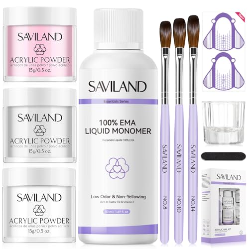 Saviland Kit Poudre Ongle Acrylique Complet: Poudres Acryliques Clair, Blanche et Rose, Monomère EMA, Pinceau Acrylique pour Débutantes, Idéal pour...