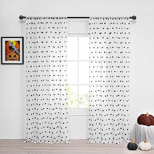 Image of MYSKY HOME Black Pom Pom Sheer Curtains for Sliding Door 95 Inches 2 Pieces | Halloween Curtain Panels, for Bedroom Living Room Dining Room, Rod Pocket, Light Filtering, Semi Window Drapes, 50 inch x 95 inch