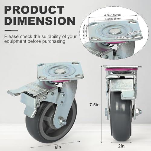 6 inch Caster Wheels, Heavy Duty Casters TPR Rubber Silent Wheels Industrial Locking Rolling Casters 360 Degree Wheels Top Plate Casters for Cart, Furniture, Equipment (2 Swivel and 2 Rigid)