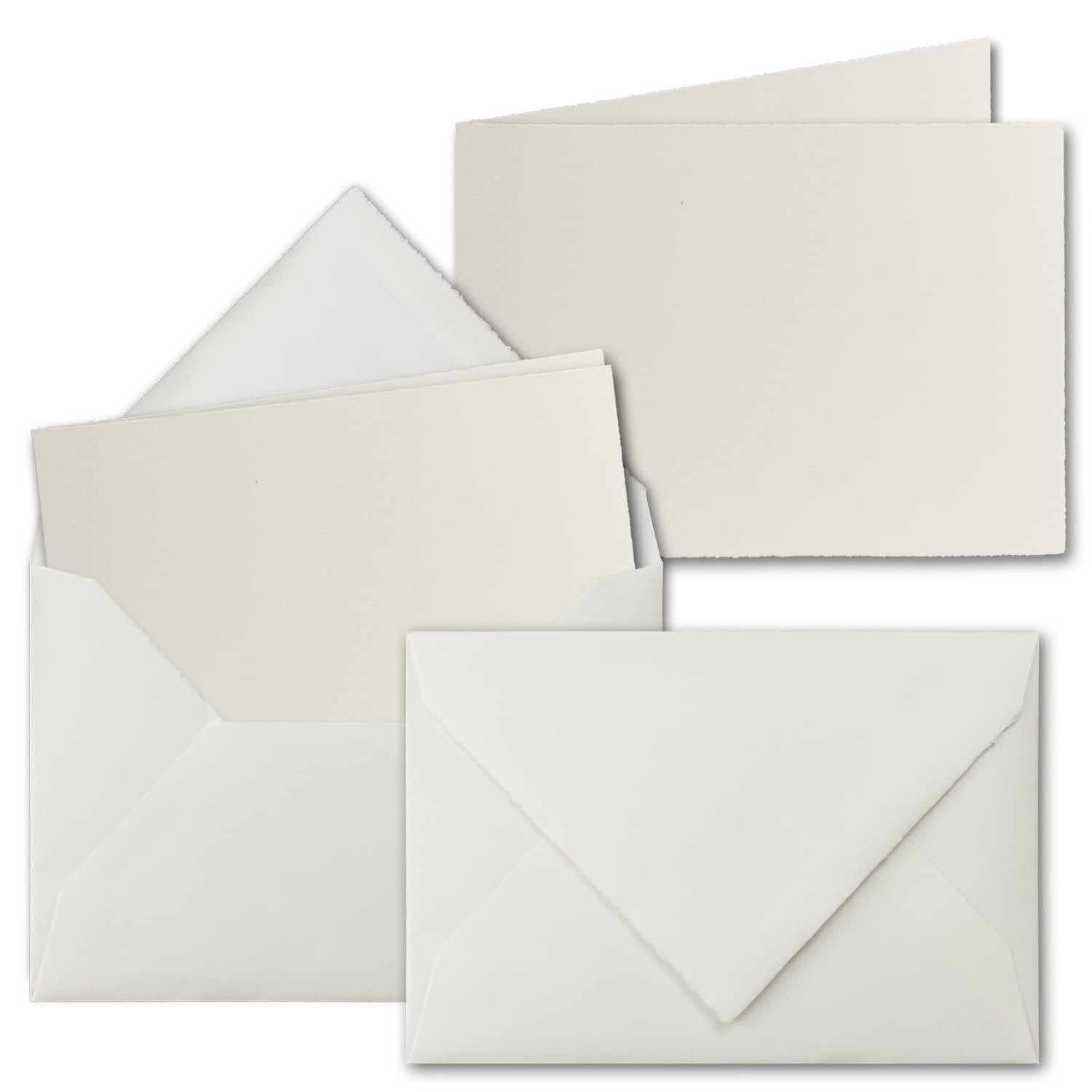 100x DIN A6 Vintage Faltkarten-Set mit gefütterten Briefumschlägen, Büttenpapier, 105 x 148 mm - quer-doppelt, Naturweiß - Karten aus Büttenpapier