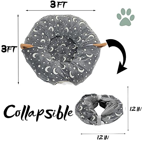 LUCKITTY-Cat-Tunnel-Bed-Tube-with-Cushion-and-Plush-Ball-Toy-Playground-Crinkle-Collapsible-Self-Luminous-Flannel-Fabric-3FT-for-Large-Cats-Kittens-Kitty-Small-Animals-Puppy-Grey-Moon-Star