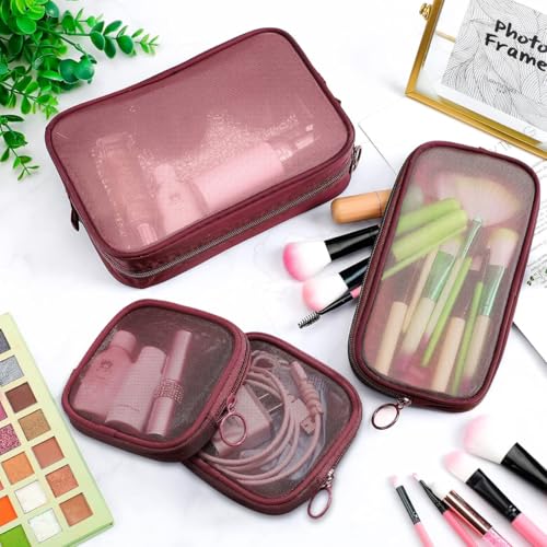 Image of MAYCREATE 4Pcs Zipper Pouches Combo 4 Sizes Mesh Zipper Pouches Makeup Stylish Burgundy Red Cosmetic Bags Cash Bags Nylon Mesh Accessories Organizer