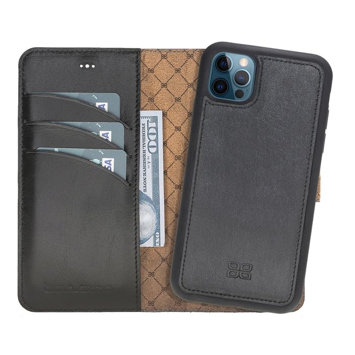 Custodia per iPhone 12 Pro Max (6,7 pollici) – Custodia in pelle Premium con funzione stand, custodia removibile, chiusura magnetica e tasca per carte – Bouletta Rustic Black
