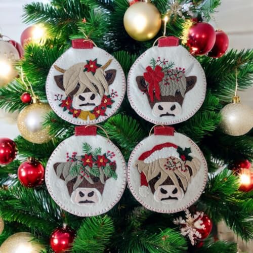 Image of Rachel's Of Greenfield Christmas Cows Ornament Kit, Cute DIY Christmas Ornament, Christmas Crafts for Beginners, Makes Four 4 inch Ornaments, Cute Highlander Cow Christmas Decor