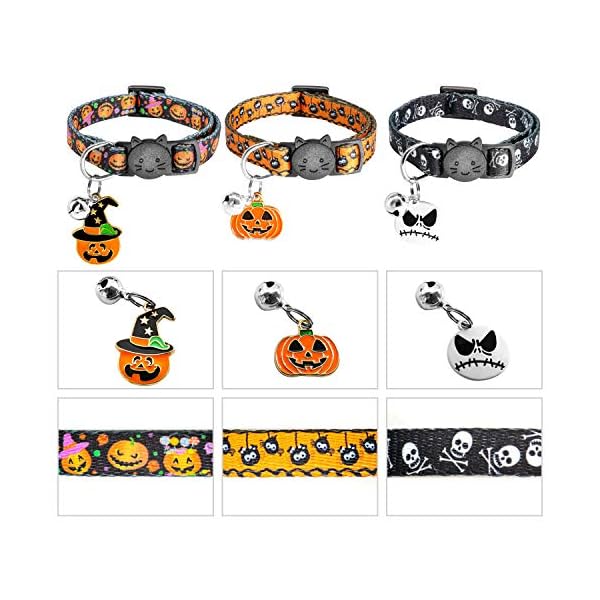 Yuepet 3pcs halloween breakaway cats collars with bell skull pumpkin spider patterns adjustable kitten halloween collars with pendant - image 4