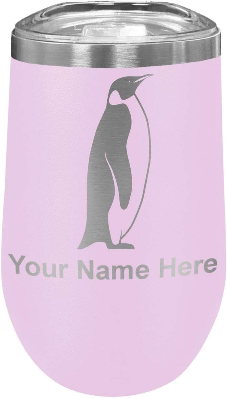 LaserGram 16oz Double Wall Stainless Steel Wine Glass Tumbler, Penguin, Personalized Engraving Included (Light Purple)