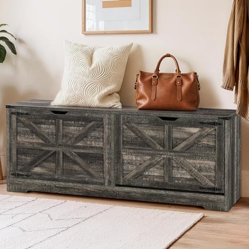 DWVO Shoe Storage Bench, 55" L Shoe Cabinet with 3 Flip Drawer & Flip-Top Storage, Farmhouse Modular Tilt-Out Organizer for Entryway, Mudroom, Bedroom