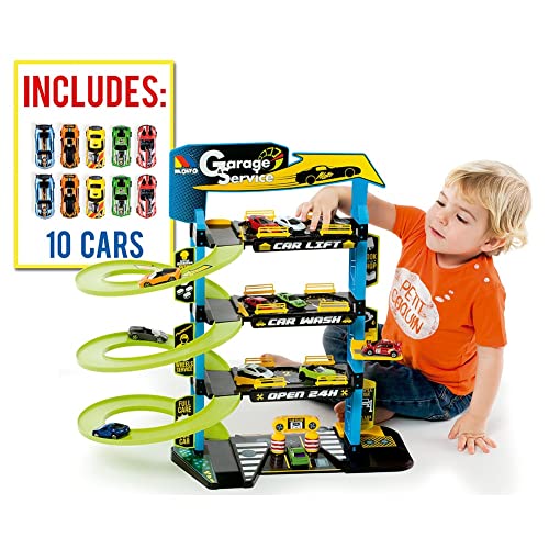 MOLTO Aparcamiento infantil de 4 pisos con accesorios, aparcamiento de juguete, autopista de juguete, incluye 10 coches de juguete, juguetes para niños + 3 años, coches de garaje