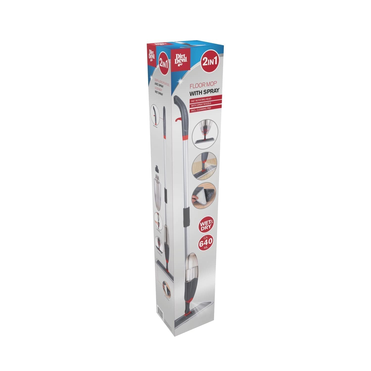 Dirt Devil Mop ze spryskiwaczem, obracany o 360°, w zestawie ze ściereczką do mopa, butelka do uzupełniania 640 ml, do użytku na mokro i na sucho, tworzywo sztuczne, kolor szary