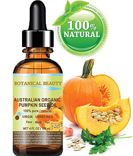 Botanical Beauty Organic Pumpkin Seed Oil Australian. 100% Pure / Natural / Undiluted /Unrefined Cold Pressed Carrier Oil. 4 Fl.oz.- 120 Ml. For Skin, Hair, Lip And Nail Care. "One Of The Richest Sources Of Enzymes, Fatty Acids, Iron, Zinc, Vitamins A, C, E And K". #TOP1