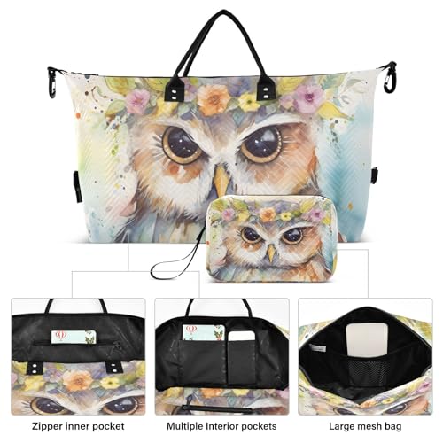Large Travel Duffel Bag, Owl Retro Garland Sport Tote Gym Bag, Shoulder Weekender Overnight Bag for Women Men, Carry On Luggage with Toiletry Bag2