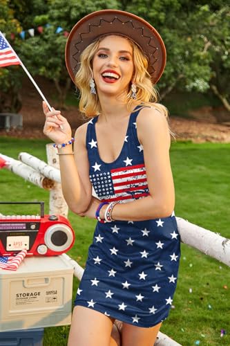 Image of For G and PL Women 4th of July American Flag Tank Dress Deep V Neck Stars Stripe Mini Patriotic Sleeveless Sundress