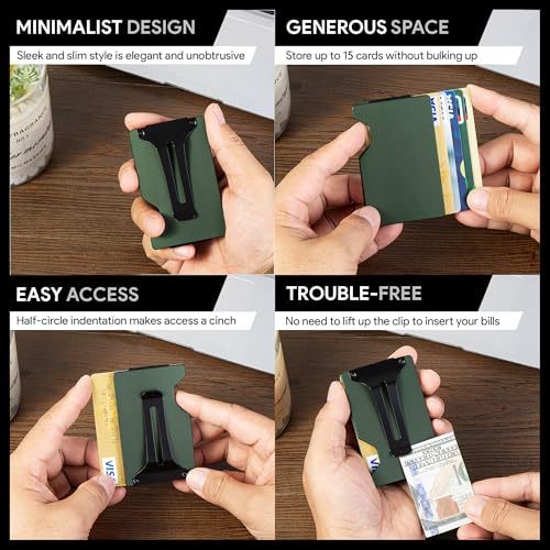 Image of Minimalist Wallet for Men, Slim Metal RFID Blocking Wallet Credit Card Holder Money Clip & Cash Strap, Scratch-Resistant Holds 15 Cards,Ideal Gift for Men | Matte Green
