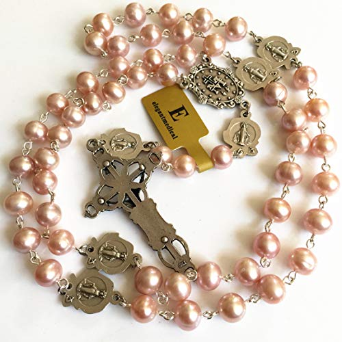 elegantmedical CATHOLIC AAA 8-9mm REAL PEARL Pearls SILVER ROSE BEADS ROSARY CROSS NECKLACE BOX4