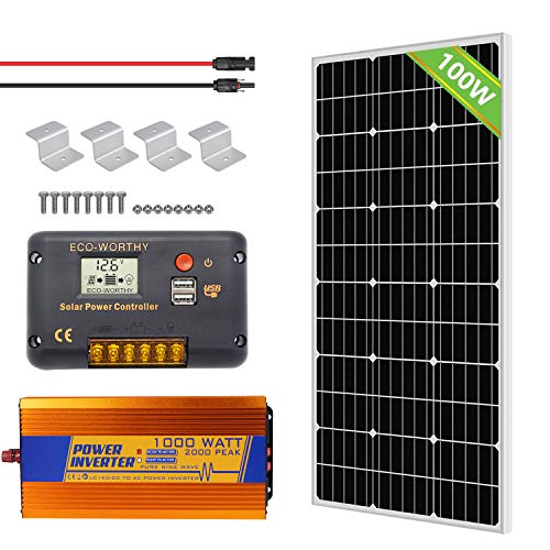 ECO-WORTHY 100 Watt Solar Panel RV Boat Kit with 1000W Off Grid Power Inverter for 12 Volt Battery System