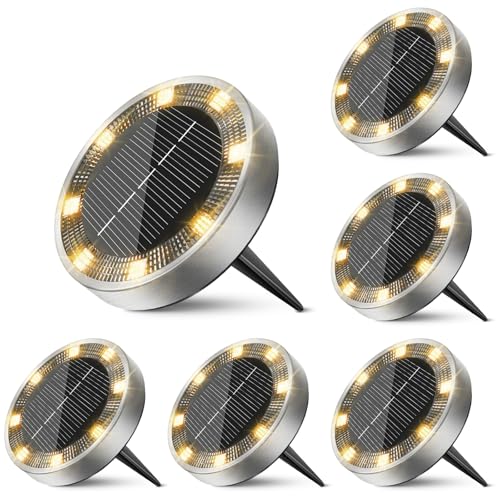inkgear 6 Pack Solar Ground Lights Outdoor, 8 LED Mini Flat Solar Disk Lights, IP65 Waterproof Anti-Rust Disc Light, Landscape Lighting for Garden Pathway Yard Walkway Driveway Lawn,Warm White