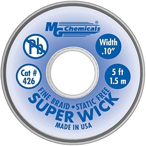 MG Chemicals Desoldering Braid #4 Fine Braid Super Wick with RMA Flux, 5' Length x 0.1" Width, Blue