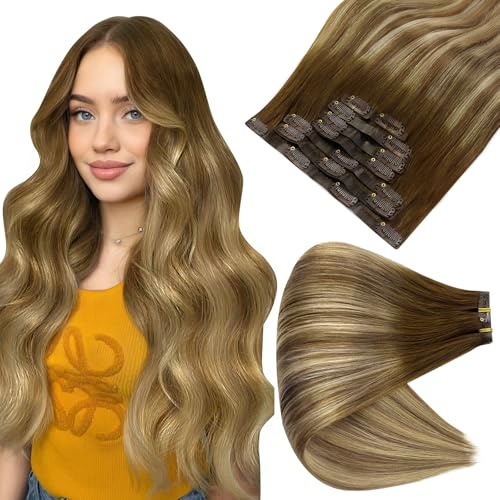 Image of Full Shine Seamless Clip in Hair Extensions, Balayage Brown Ombre Platinum Blonde Invisible Clip Ins Remy Human Hair, 22 Inch 120g 8 Pcs, Extra Long Wedding Hairstyle