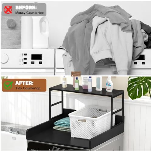 Aménagement buanderie moderne avec l'étagère lave-linge 70 cm à tablettes