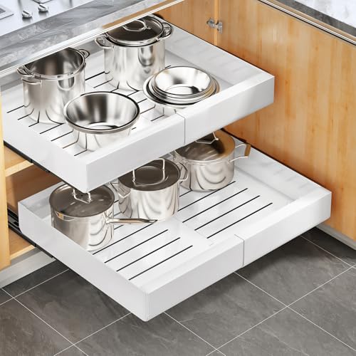 Kitstorack Pull Out Cabinet Organiser 2 Pack - Extendable Slide Out Drawers for Kitchen Cupboards & Cabinets - Install with Nano Tape or Screws (43 Depth x 30-50 Width x 5.8 Height CM)-White