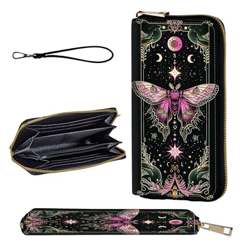 Wallet,Leather Long Wallet Suitable For Ladies And Teenagers - Detachable Wristband + RFID Travel Wallet With Card Slot - Floral Moon Moth