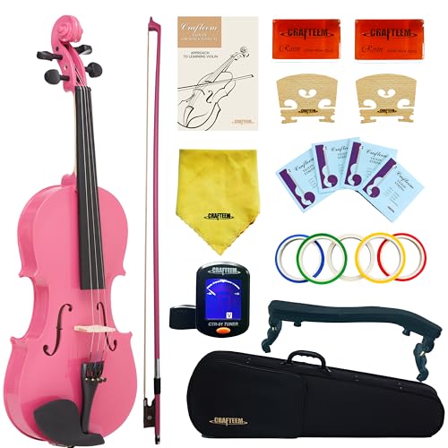 Crafteem 1/2 Fiddle Pink Colored Premium Violin Outfit for Beginners Adults Kids With 5 Color...