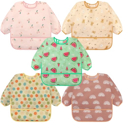 Accmor 5 Pack Long Sleeve Bibs, Baby Smock Waterproof Sleeved Bib Smock for Baby Toddler 6-36 Months