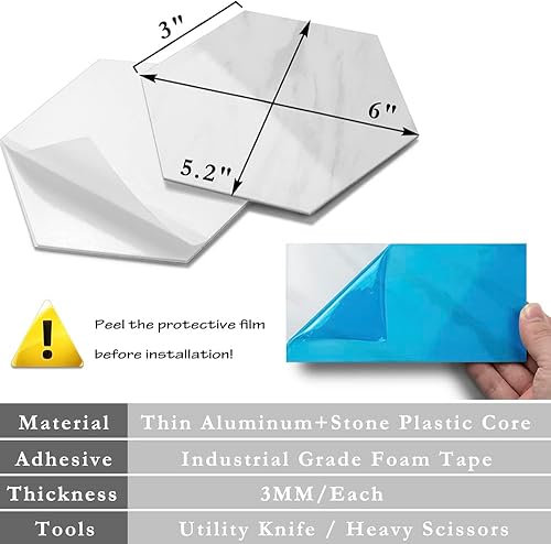 Miniatura 7 de AULIGET 72 piezas de azulejos hexagonales para despegar y pegar, diseño de mármol blanco pulido para cocina, azulejos de PVC para despegar y pegar
