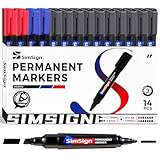SimSign Permanent Marker 14er Set, 10 Schwarz 2 Blau 2 Rot, Wasserfester Stift Rundspitze &...