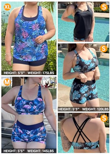 Image of 3 Piece Tankini Long Sleeve Swimsuits Athletic Rash Guard Bathing Suits | Modest,Full Coverage,High Waisted Short,Quick Dry,Criss Cross Back