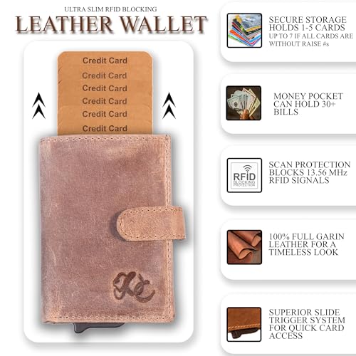 Image of Full Grain Leather Pop-Up Wallet for Men - RFID Blocking Bifold with Quick Card Access - Slim Minimalist Design - Holds 8+ Cards & Cash (Sand)