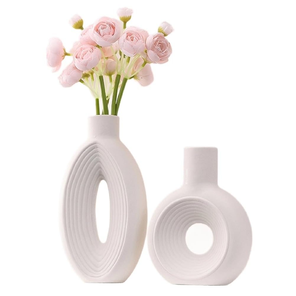Set di 2 Vasi in Ceramica Bianca, Decorazione Minimalista a Anello Cavo e Ovale | Finitura opaca, design astratto cavo, Adatto a piccoli bouquet, Decorazione per la casa minimalista
