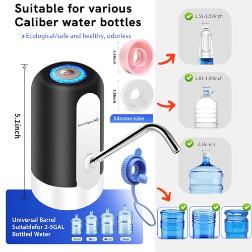 Image of Water Dispenser for 5 Gallon Bottle Portable Electric Water Pump with 3 Adapters USB-C Charging Battery Powered Automatic Drinking Water Dispenser for Camping, Travel, Office,Black