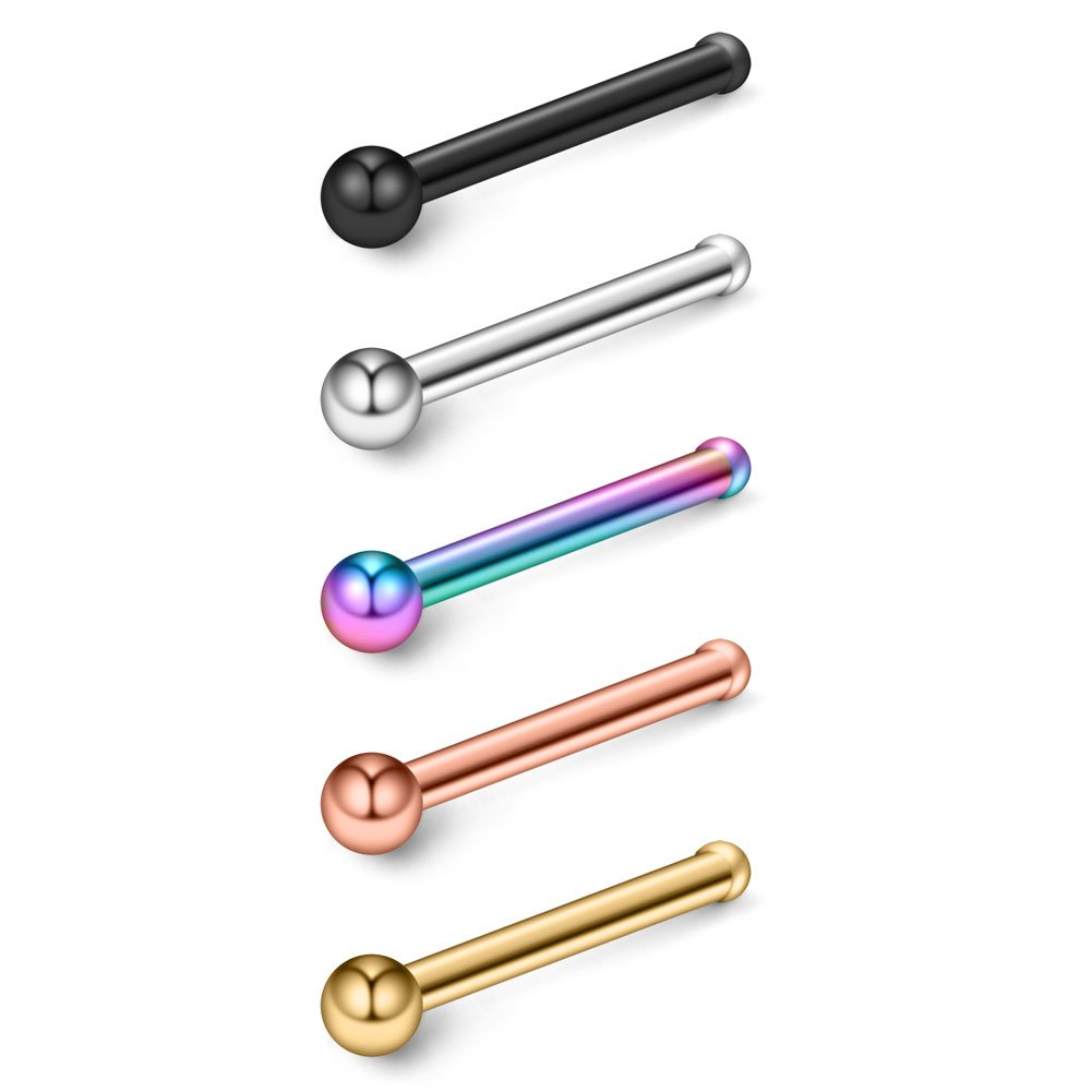 Ruifan 5PCS Surgical Steel Nose Stud Ring Bone with 1.5mm-3mm Ball Piercing Jewelry 22G 20G 18G