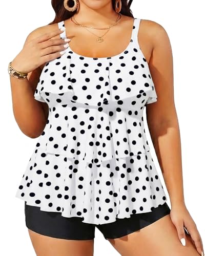 Yonique Women's Plus Size Tankini Swimsuits with Shorts Two Piece Bathing Suits Ruffle Swimsuits Tummy Control Swimwear White Polka Dots 20W