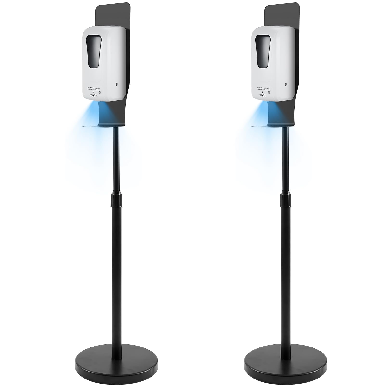 Blulu Paquete de 2 dispensadores automáticos de desinfectante de manos/jabón, dispensador de jabón con sensor automático sin contacto blanco y estación de desinfección de soporte negro con soporte de