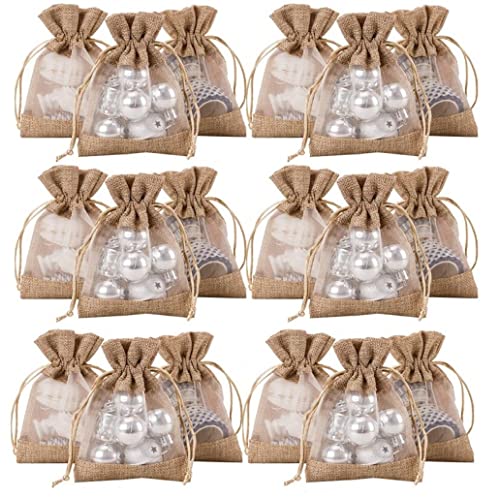 黄麻布 ギフトバッグ オーガンザ窓付き 巾着ポーチ 小物収納袋 キャンディ ジュエリー ギフト用 結婚式 誕生日 パーティー 記念品 ラッピング袋 20枚セット